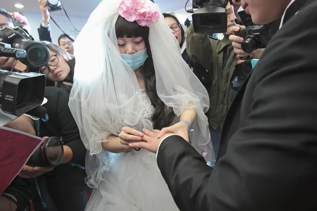 Bride Fan Huixiang, a 25-year-old cancer patient, puts a ring on her groom Yu Haining's finger during their wedding at a hospital in Zhengzhou, Henan province, November 17, 2014. (Photo by Reuters/China Daily)