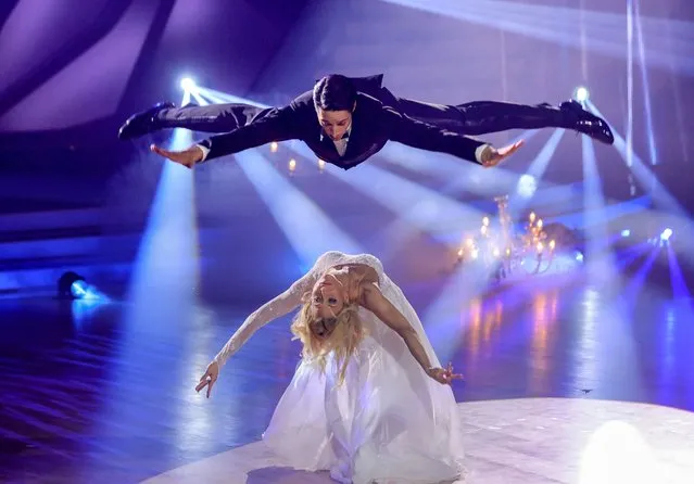 René Casselly and Kathrin Menzinger perform on stage during the 1st show of the 15th season of the television competition show “Let's Dance” at MMC Studios on February 25, 2022 in Cologne, Germany. (Photo by Joshua Sammer/Getty Images)
