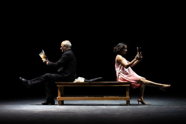 Artists Edmundo Poy and Wileydy Contreras perform “Death at First Sight” during the closing ceremony of the 20th EDANCO International Contemporary Dance Festival at the Palacio de Bellas Artes in Santo Domingo, Dominican Republic, 05 October 2025. (Photo by Orlando Barría/EPA)