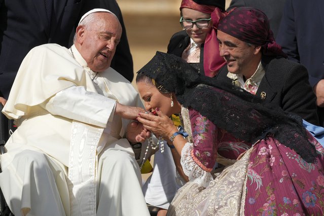 Pope Francis meets Spain's faithful at the end of his weekly general audience in St. Peter's Square, at the Vatican, Wednesday, October 9, 2024. (Photo by Andrew Medichini/AP Photo)