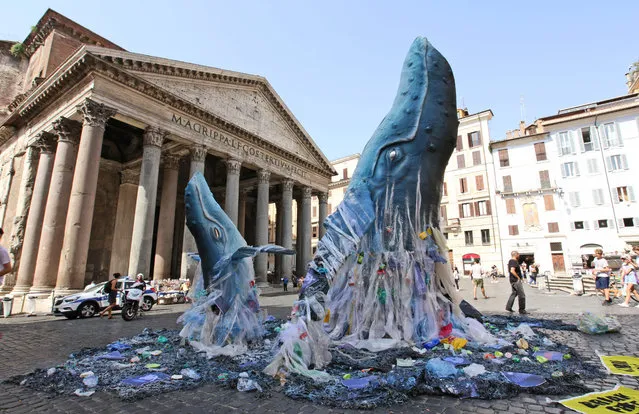 The life-size reproduction of two whales emerge from a sea filled with plastic waste in front of Rome’s Pantheon Thursday, July 5, 2018. With the installation, Greenpeace hopes to raise awareness on pollution, and particularly on the dangers of disposable plastic packages, in the Mediterranean Sea. (Photo by Simone Somekh/AP Photo)