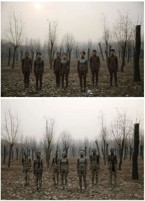 This combination picture shows models posing before (top) and after they are painted in camouflage colours to blend in with the background for Chinese artist Liu Bolin's artwork “Dongji”, or Winter Solstice, on the second day after China's capital Beijing issued its second ever “red alert” for air pollution, in Beijing, China, December 20, 2015. (Photo by Kim Kyung-Hoon/Reuters)