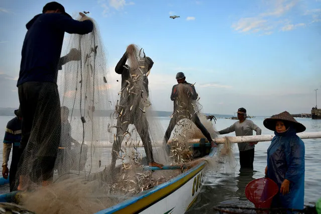 Fishermen check their nets after returning to the Kedonganan beach near Denpasar, on Indonesia resort island of Bali on February 26, 2021. (Photo by Sonny Tumbelaka/AFP Photo)