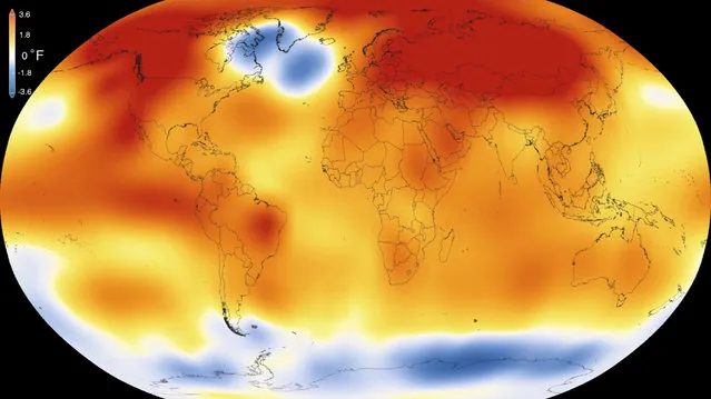 This illustration obtained from NASA on January 20, 2016 shows that 2015 was the warmest year since modern record-keeping began in 1880, according to a new analysis by NASAs Goddard Institute for Space Studies. Blistering heat blanketed the Earth last year like never before, making 2015 by far the hottest year in modern times and raising new concerns about the accelerating pace of climate change.Not only was 2015 the warmest worldwide since 1880, it shattered the previous record held in 2014 by the widest margin ever observed, said the report by the National Oceanic and Atmospheric Administration. (Photo by AFP Photo/NASA/Visualization Studio/Goddard Space Flight Center)