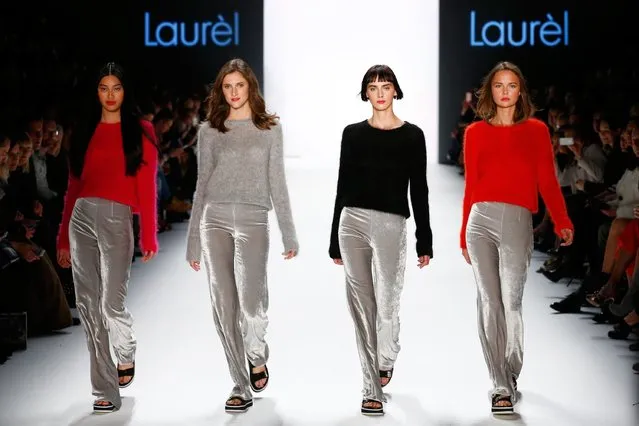 Models walk the runway at the Laurel show during the Mercedes-Benz Fashion Week Berlin Autumn/Winter 2016 at Brandenburg Gate on January 20, 2016 in Berlin, Germany. (Photo by Frazer Harrison/Getty Images for Laurel)