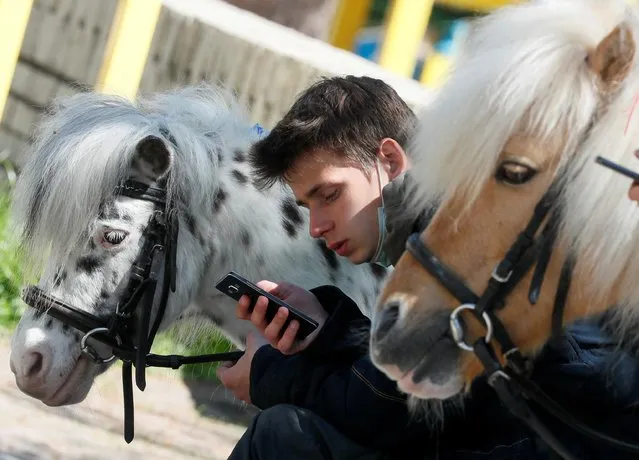 A man uses a mobile phone near his ponies as he waits for children to ride the ponies at a park in central Kyiv, Ukraine on May 11, 2021. (Photo by Gleb Garanich/Reuters)