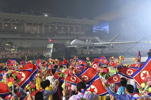 This photo provided by the North Korean government, shows what it says an attack drone during a military parade to mark the 70th anniversary of the armistice that halted fighting in the 1950-53 Korean War, on Kim Il Sung Square in Pyongyang, North Korea Thursday, July 27, 2023. (Photo by Korean Central News Agency/Korea News Service via AP Photo)