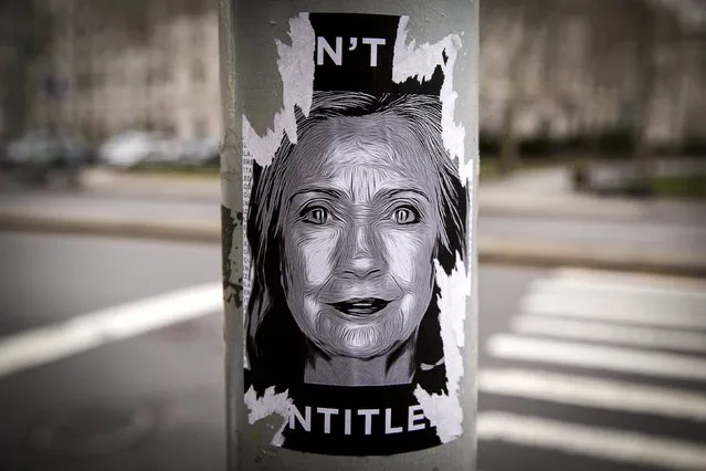 A Hillary Clinton sticker is pictured on a street post near her campaign headquarters in the Brooklyn borough of New York, April 14, 2015. An unknown entity placed “Don’t say” signs outside Clinton's Brooklyn Heights headquarters before her announcement Sunday. (Photo by Brendan McDermid/Reuters)