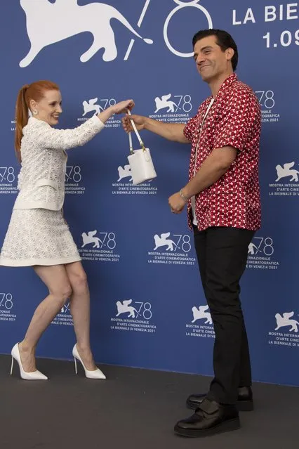 US actor Oscar Isaac and US actress Jessica Chastain attend a photocall for the film “Scenes from a Marriage” presented out of competition on September 4, 2021 during the 78th Venice Film Festival at Venice Lido. (Photo by Joel C Ryan/Invision/AP Photo)