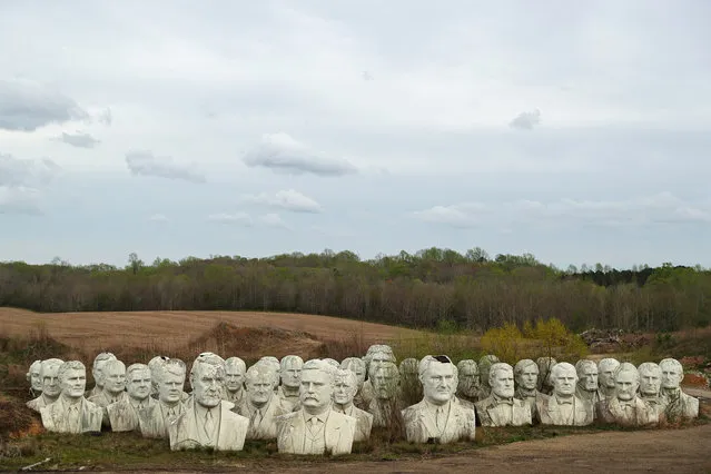 Standing nearly 20-feet-high, 43 U.S. Presidential busts rest on April 9, 2019 in Croaker, Virginia. (Photo by Patrick Smith/Getty Images)