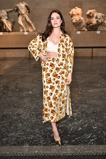 English actress Lily James attends the ERDEM show during London Fashion Week February 2024 at The British Museum on February 17, 2024 in London, England. (Photo by Jed Cullen/Dave Benett/Getty Images)