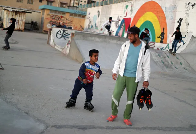 Members of Gaza Skating Team are seen during the rollerblading and skating training session, at the seaport of Gaza City March 8, 2019. (Photo by Mohammed Salem/Reuters)