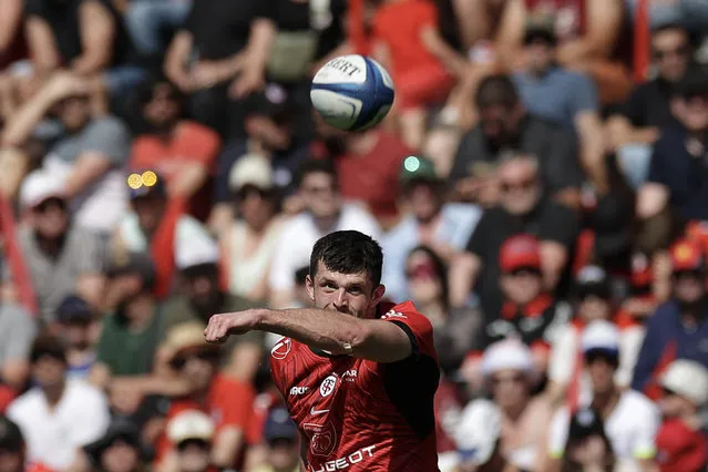 Toulouse's Scottish full-back Blair Kinghorn kicks the ball to convert a try during the European Rugby Champions Cup quarter-final rugby union match between Stade Toulousain Rugby (Toulouse) and Exeter Chiefs at the Ernest-Wallon stadium, in Toulouse, southwestern France, on April 14, 2024. (Photo by Valentine Chapuis/AFP Photo)