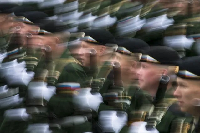 Russian soldiers march along Red Square during the Victory Day military parade in Moscow, on Tuesday, May 9, 2017. (Photo by Alexander Zemlianichenko/AP Photo)