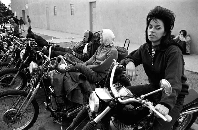 Three Old Ladies of Hells Angels sitting on motorcycles outside the Blackboard Cafe in Bakersfield, CA in 1965. (Photo By Bill Ray/Time Life Pictures/Getty Images)