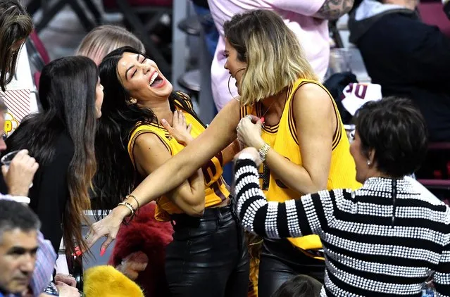 TV personalities Kourtney Kardashian, Khloe Kardashian and Kris Jenner react in Game 4 of the 2017 NBA Finals between the Golden State Warriors and the Cleveland Cavaliers at Quicken Loans Arena on June 9, 2017 in Cleveland, Ohio. (Photo by Jason Miller/Getty Images)