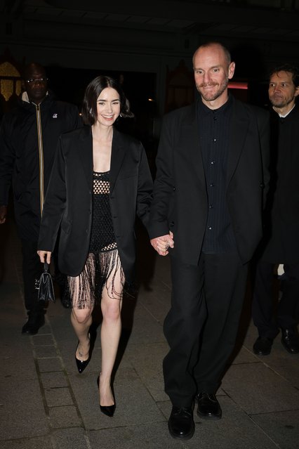 English-American actress Lily Collins and her husband, American film director Charlie McDowell, were seen holding hands as they left a dinner for “Emily in Paris” at La Samaritaine in Paris on September 12, 2024. (Photo by Aissaoui Nacer/Splash News and Pictures)