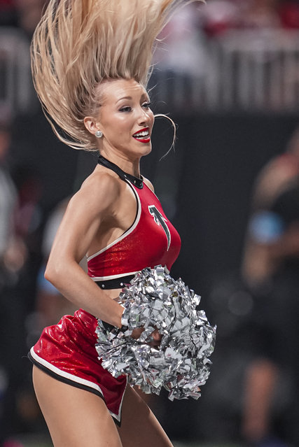 An Atlanta Falcons cheerleader shown during the game against the Tampa Bay Buccaneers at Mercedes-Benz Stadium in Atlanta on October 3, 2024. (Photo by Dale Zanine/Imagn Images)