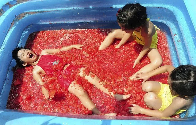 Children play in a inflatable pool filled with smashed watermelons to cool off, at an amusement park in Hangzhou, Zhejiang province, China, July 22, 2015. (Photo by Reuters/Stringer)