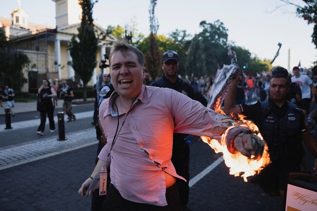 A journalist self immolates during a Pro-Palestinian protesters' rally ahead of the October 7 attack anniversary outside the White House in Washington on October 5, 2024. (Photo by Seth Herald/Reuters)