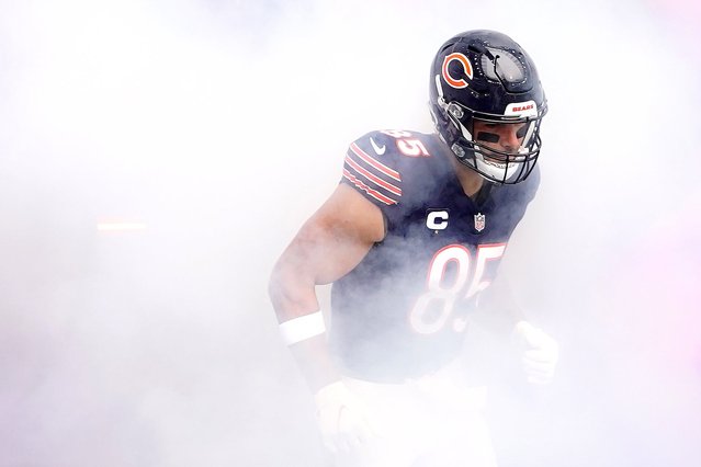 Chicago Bears' Cole Kmet heads onto the field ahead of the NFL International match at the Tottenham Hotspur Stadium, London. Picture date: Sunday October 13, 2024. (Photo by Zac Goodwin/PA Images via Getty Images)