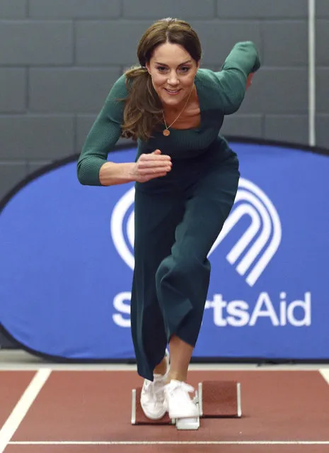 Britain's Kate, the Duchess of Cambridge prepares to race, during a SportsAid event at the London Stadium in Stratford, London, Wednesday, February 26, 2020. (Photo by Yui Mok/Pool PA Wire via AP Photo)