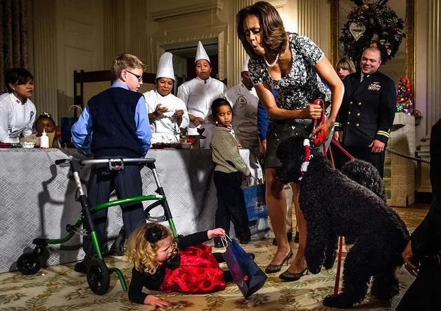 Honorable Mention, General News. Photo by Kevin Dietsch: First Lady Michelle Obama attempts to restrain the family dog Sunny after he startled Ashtyn Gardner, 2, of Mobile, Alabama, causing her to fall during a holiday craft event, in the State Dining Room at the White House. (Photo by Kevin Dietsch)