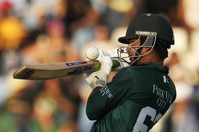 Pakistan's Saim Ayub plays a shot during the second T20 International cricket match between South Africa and Pakistan, at Centurion Park in Centurion, South Africa, Friday, December 13, 2024. (Photo by Themba Hadebe/AP Photo)