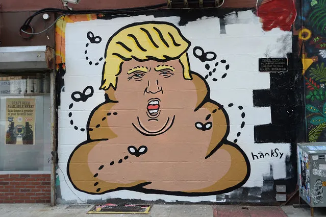 Street artist Hanksy mocks Donald Trump in his latest wall mural on New York's lower east side on September 3, 2015. Trump, a candidate for the Republican Presidential nomination, was pictured by Hanksy as a pile of feces surrounded by flies. (Photo by Richard Beetham/Splash News)