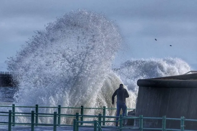 Waves crash against Seaburn promenade in South Tyneside on April 1, 2022, as April makes a wintry start. (Photo by Raoul Dixon/North News and Pictures)