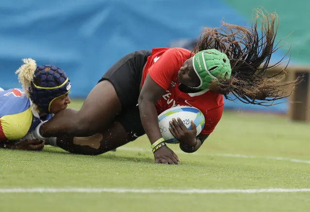 Kenya's Janet Owino, right, is tackle by Colombia's Nathalie Nicole V. Marchino Urrutia, left, during the women's rugby sevens match at the Summer Olympics in Rio de Janeiro, Brazil, Monday, August 8, 2016. (Photo by Themba Hadebe/AP Photo)