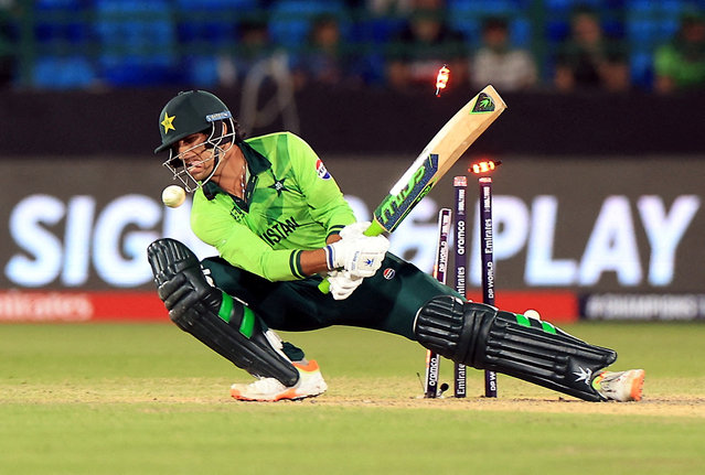 Pakistan's Naseem Shah is bowled out by New Zealand's Matt Henry during the ICC Men's Champions Trophy group A match in Karachi, Pakistan, on February 19, 2025. (Photo by Akhtar Soomro/Reuters)