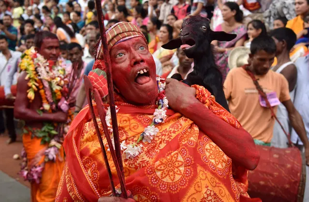 An Indian priest dances as he carries a sacrificial goat during the Deodhani Festival at the Kamakhya Temple in Guwahati, the capital city of the north-eastern state of Assam, on August 18, 2016. The three-day Deodhani festival is held to worship the Serpent Goddess Kamakhya during which goats and pigeons are offered and sacrificed. (Photo by Biju Boro/AFP Photo)