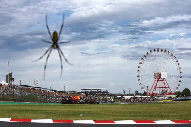 Belgian-Dutch racing driver Maz Verstappen was racing for Red Bull at the Japanese Grand Prix in Suzuka at Suzuka International Circuit on October 9, 2022 when a spider on the camera lens threatened to get in the way of the action. (Photo by DPPI)