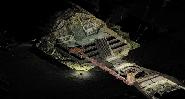 An undated graphic shows the tunnel that may lead to a royal tombs discovered underneath the Quetzalcoatl temple in the ancient city of Teotihuacan in this October 29, 2014 National Institute of Anthropology and History (INAH) handout picture. A sacred tunnel discovered in the ancient Mexican city of Teotihuacan is filled with thousands of ritual objects and may lead to royal tombs, the lead Mexican archaeologist on the project said on Wednesday. (Photo by Reuters/INAH)