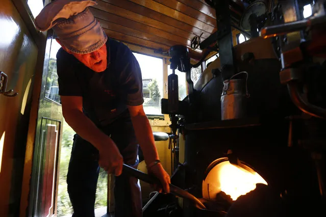 Puffing Billy steam engine fireman Barry Rogers, 70, shovels a load of coal into the firebox of locomotive 12A hauling a train of passengers near Melbourne, October 20, 2014. (Photo by Jason Reed/Reuters)