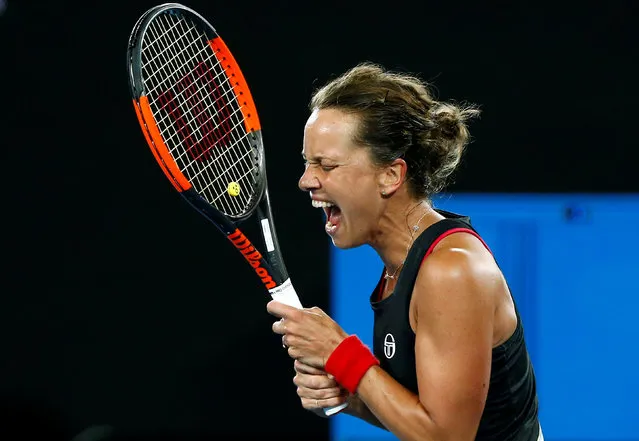 Czech Republic' s Barbora Strycova reacts after a point during her women' s singles fourth round match against Czech Republic' s Karolina Pliskova on day eight of the Australian Open tennis tournament in Melbourne early January 23, 2018. (Photo by Thomas Peter/Reuters)