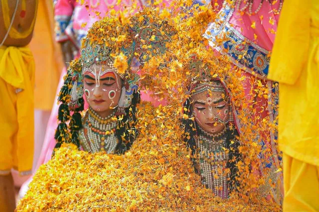 Devotees dressed as Hindu gods are showered with flowers during Holi celebrations, the Hindu spring festival of colours, in Vrindavan on March 7, 2023. (Photo by AFP Photo/Stringer)