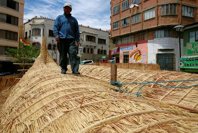 Bolivian builder Gregorio Caceres walks on top of the “Viracocha III”, a boat made only from the totora reed, as it is being prepared to cross the Pacific from Chile to Australia on an expected six-month journey, La Paz, Bolivia, October 19, 2016. (Photo by David Mercado/Reuters)