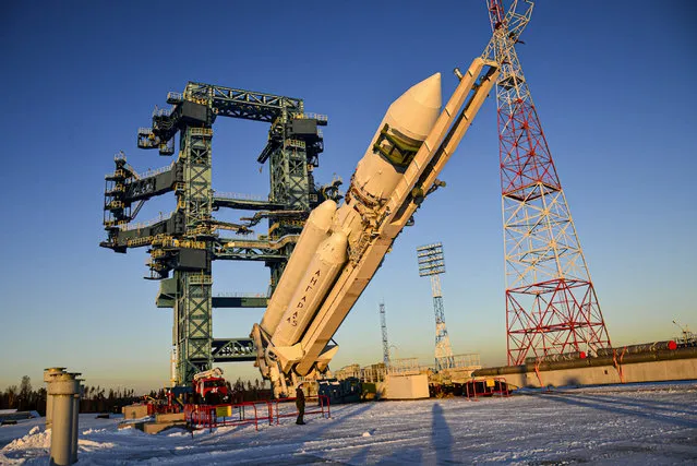 This photo taken on December 14, 2020, and distributed by Russian Defense Ministry Press Service shows, preparation to a test launch of a heavy-class carrier rocket Angara-A5 from the launch pad of site No. 35 of the State Test Cosmodrome of the Ministry of Defence of the Russian Federation at Plesetsk launch facility in the Arkhangelsk Region of northwestern Russia. The Angara-A5 is the prospective heavy-lift rocket that is expected to enter service in the following years. (Photo by Russian Defense Ministry Press Service via AP Photo)