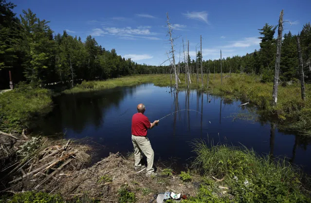 In this August 7, 2017, file photo, a visitor to the Katahdin Woods and Waters National Monument near Patten, Maine, casts for brook trout in a small pond. Road signs directing motorists to the national monument are going to be installed now that Republican Gov. Paul LePage has relented in his opposition to the signs on I-95 and state roads leading to the Mount Katahdin region. The Maine Department of Transportation will allow signs to be manufactured and installed now that Interior Secretary Ryan Zinke has recommended keeping the monument and a renewed request has been submitted by the superintendent for the federal land, the governor's office said. (Photo by Robert F. Bukaty/AP Photo)