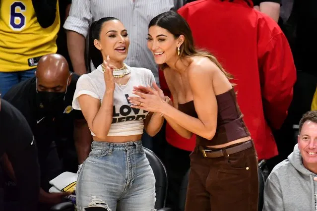 American socialite Kim Kardashian (L) and American fashion designer Sarah Staudinger attend a playoff basketball game between the Los Angeles Lakers and the Golden State Warriors at Crypto.com Arena on May 08, 2023 in Los Angeles, California. (Photo by Allen Berezovsky/Getty Images)