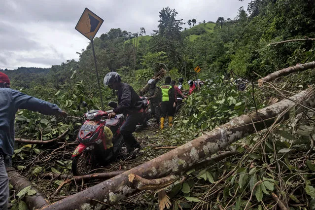 Motorists make their way through a road affected by an earthquake-triggered landslide near Mamuju, West Sulawesi, Indonesia, Saturday, January 16, 2021. Damaged roads and bridges, power blackouts and lack of heavy equipment on Saturday hampered Indonesia's rescuers after a strong and shallow earthquake left a number of people dead and injured on Sulawesi island. (Photo by Yusuf Wahil/AP Photo)
