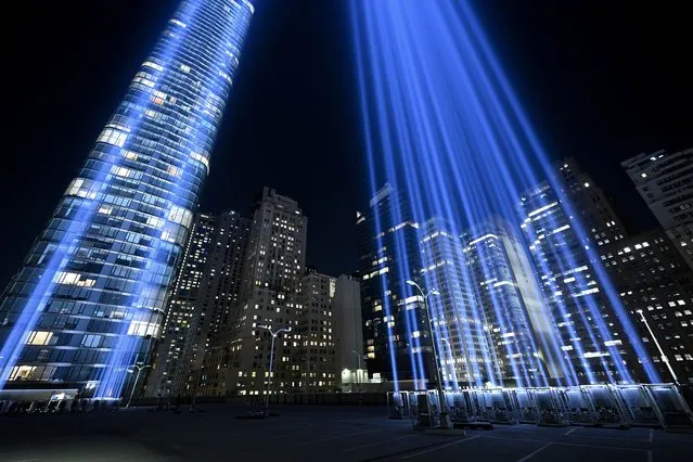 Preparations are underway for the “Tribute in Light” ceremony set to take place on the anniversary of the September 11th attacks in New York, United States on September 7, 2023. (Photo by Fatih Aktas/Anadolu Agency via Getty Images)