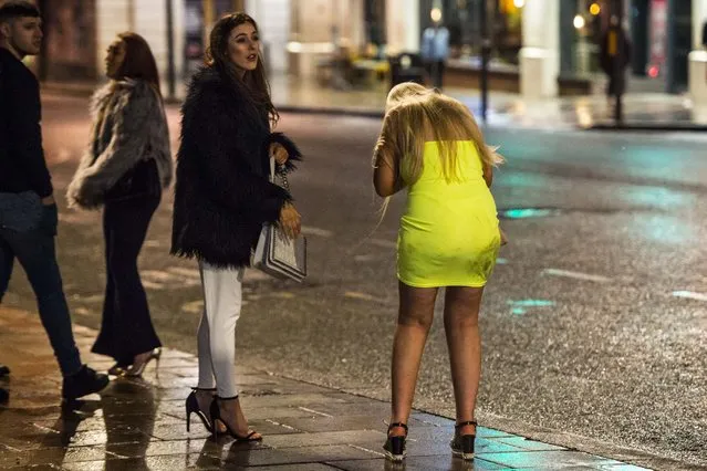 A girl bends over as she heaves in a dirty yellow dress in Leeds city centre last night (FRI) as the country heads back on the booze after completing “Dry January”, a challenge to not drink throughout the month of January on February 2, 2019. (Photo by South West News Service)