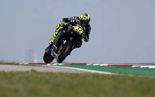 Valentino Rossi (46), of Italy, steers through a turn during a warmup for the the Grand Prix of the Americas motorcycle race at the Circuit Of The Americas, Sunday, April 14, 2019, in Austin, Texas. (Photo by Eric Gay/AP Photo)