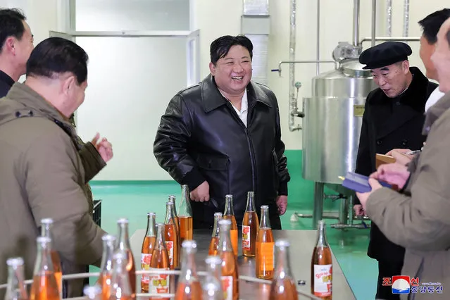 This picture taken on February 7, 2024 and released from North Korea's official Korean Central News Agency (KCNA) via KNS on February 8, 2024 shows North Korea's leader Kim Jong Un inspecting an industrial factory in Kimhwa, Kangwon-do. (Photo by KCNA via KNS/AFP Photo)