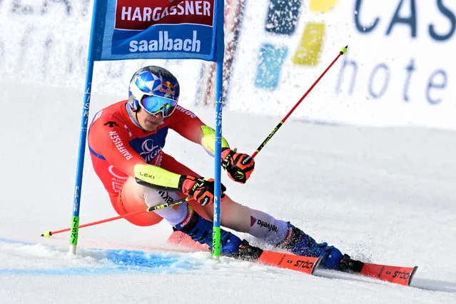 Switzerland's Marco Odermatt competes in the men's Giant Slalom event of FIS Ski Alpine World Cup in Saalbach, Austria on March 16, 2024. (Photo by Joe Klamar/AFP Photo)