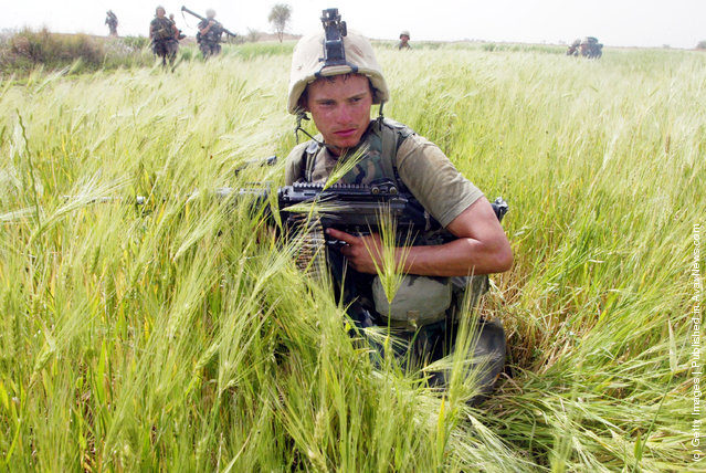 A U.S. Marine from Task Force Tarawa patrols a wheat field in search of enemy combatants or stockpiles of weapons in the southern Iraqi city of Nasiriyah