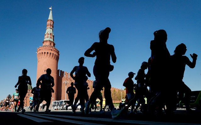 People attend the Moscow Half Marathon near Moscow Kremlin, in Moscow, Russia, 29 April 2024. The Moscow Half Marathon is the largest race in Russia at a distance of 21.1 km. The route of the Moscow Half Marathon runs in one circle along the Moscow embankments of Luzhnetskaya, Frunzenskaya, Prechistenskaya, Kremlyovskaya, Kotelnicheskaya and Krasnokholmskaya. (Photo by Yuri Kochetkov/EPA/EFE)